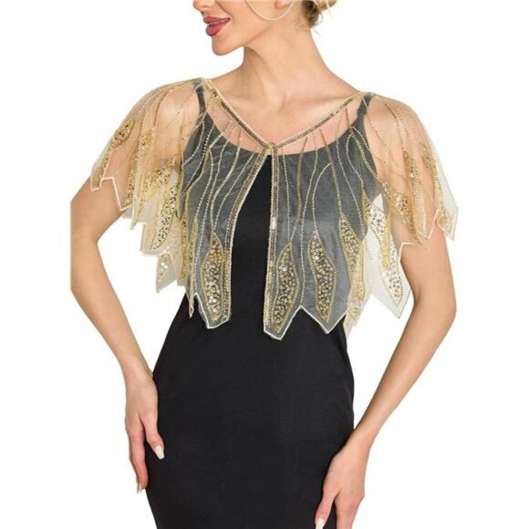 Women's Shawl Wraps, Sequin Beaded Flapper Beige Gold - Picture 1 of 5
